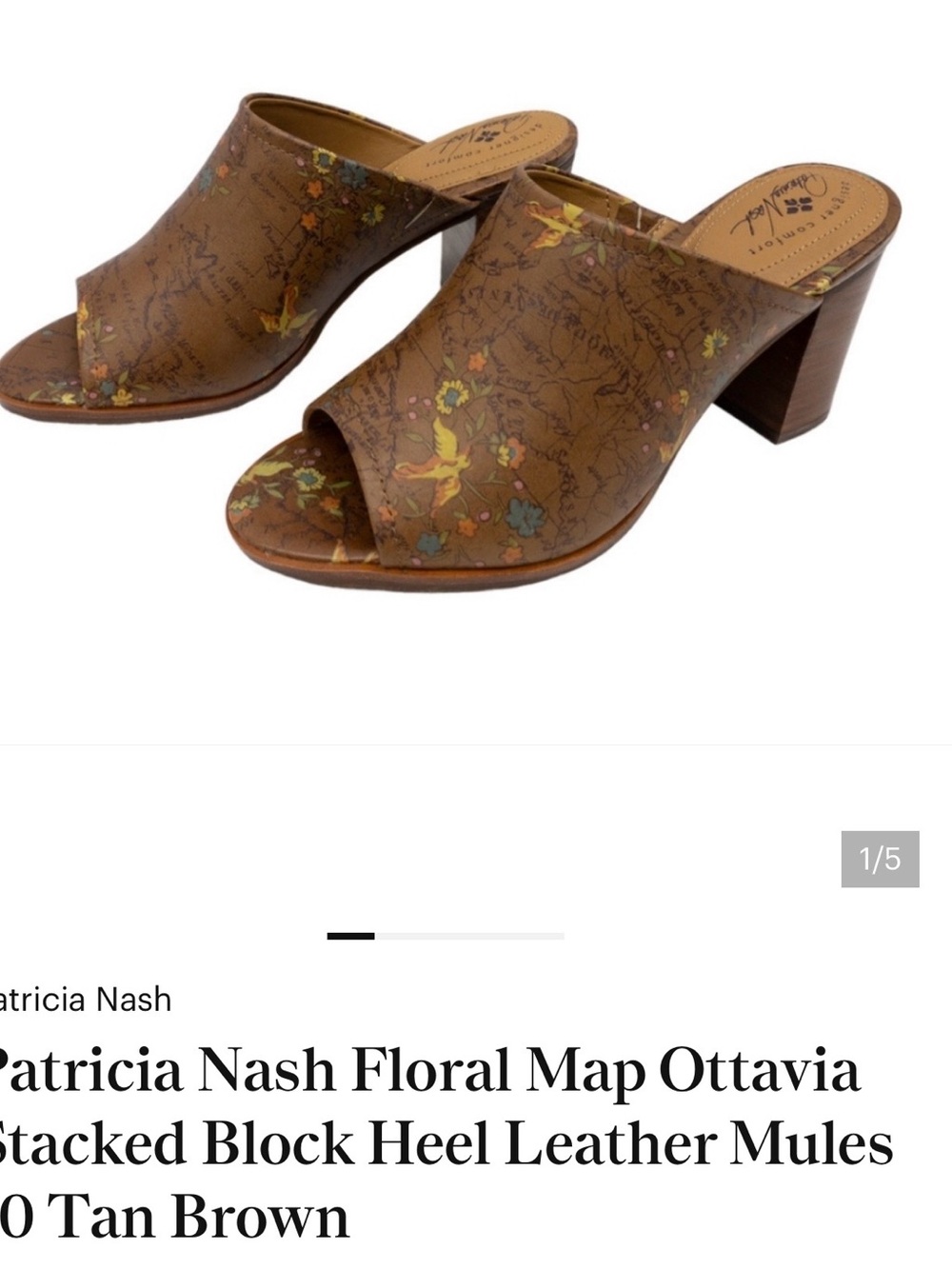 Patricia Nash Floral Map Ottavia Stacked Block Heel Leather Mules 10 Tan Brown